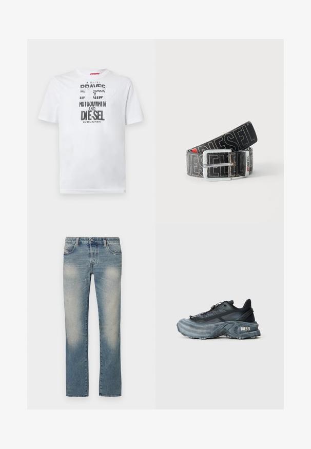 T-shirt en coton blanc avec une typographie noire audacieuse affichant les mots "BRAVES" et "DIE-SEL INDUSTRY" ainsi qu'un design découpé semi-transparent.; Jean droit en denim bleu clair avec zones délavées, cinq poches et fermeture à bouton. Le tissu présente de légers effets d'usure et des marques d'usure.; Baskets Diesel noires et grises avec semelle épaisse, système de laçage à bascule et design texturé sur fond gris clair uni.; Ceinture noire Diesel avec grand texte logo blanc, boucle rectangulaire en argent, et détail de boucle métallique brandée, enroulée sur un fond clair.