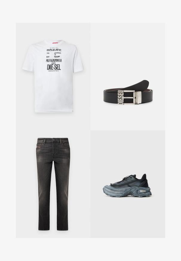 T-shirt en coton blanc avec une typographie noire audacieuse affichant les mots "BRAVES" et "DIE-SEL INDUSTRY" ainsi qu'un design découpé semi-transparent.; Jean en denim noir avec un effet délavé, coupe droite, style à cinq poches et fermeture par boutons. Présente des coutures discrètes et des accents métalliques.; Baskets Diesel noires et grises avec semelle épaisse, système de laçage à bascule et design texturé sur fond gris clair uni.; Ceinture en cuir noir avec une boucle en métal argenté portant le texte en relief "DIESEL". Le design est épuré avec une texture lisse.