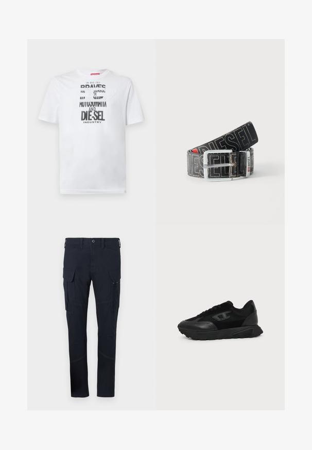 T-shirt en coton blanc avec une typographie noire audacieuse affichant les mots "BRAVES" et "DIE-SEL INDUSTRY" ainsi qu'un design découpé semi-transparent.; Pantalons cargo en tissu bleu marine foncé avec plusieurs poches, y compris des poches cargo sur les côtés, et des détails de couture visibles. Design ajusté.; Baskets basses noires avec semelle texturée, dessus en mesh et cuir, fermeture à lacets devant, et petit logo embossé sur le panneau latéral.; Ceinture noire Diesel avec grand texte logo blanc, boucle rectangulaire en argent, et détail de boucle métallique brandée, enroulée sur un fond clair.