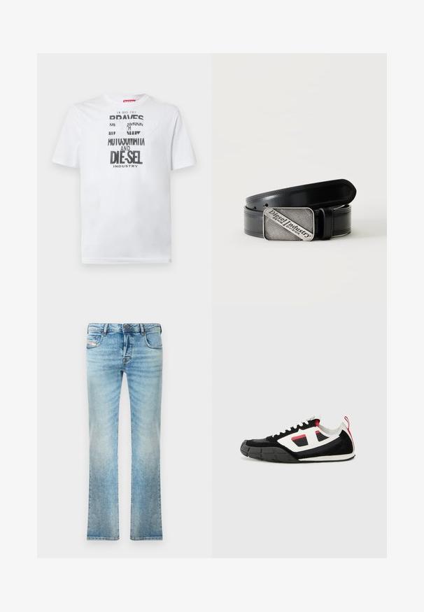 Weißes Baumwoll-T-Shirt mit fetter schwarzer Typografie und den Worten "BRAVES" und "DIE-SEL INDUSTRY" sowie einem halbtransparenten Cutout-Design.; Helleblaue Denim-Jeans mit geradem Schnitt, Fünf-Taschen-Design und leichter Ausbleichung. Mit metallischem Knopf und Reißverschlussverschluss.; Diesel S PAGODHA LOW - Sneaker low - black; Schwarzer Ledergürtel mit rechteckiger silberner Schnalle, auf der der eingravierte Text "Diesel Industry Denim Division" steht, auf einem hell gestreiften Hintergrund.
