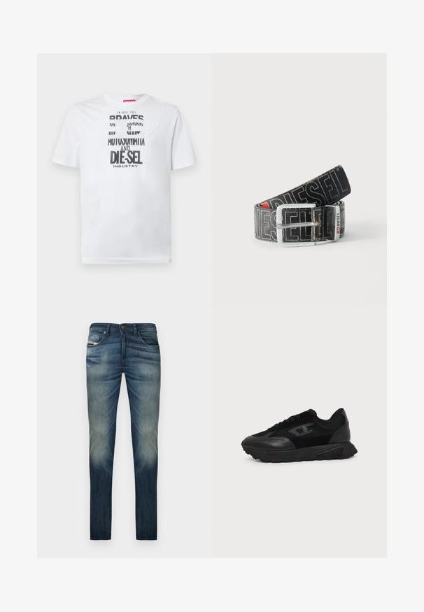 T-shirt en coton blanc avec une typographie noire audacieuse affichant les mots "BRAVES" et "DIE-SEL INDUSTRY" ainsi qu'un design découpé semi-transparent.; Jean denim bleu foncé à coupe droite, avec un effet délavé sur les jambes, cinq poches et une fermeture à bouton à la taille.; Baskets basses noires avec semelle texturée, dessus en mesh et cuir, fermeture à lacets devant, et petit logo embossé sur le panneau latéral.; Ceinture noire Diesel avec grand texte logo blanc, boucle rectangulaire en argent, et détail de boucle métallique brandée, enroulée sur un fond clair.