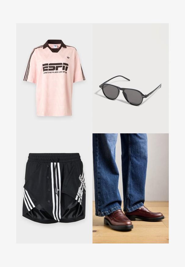 Vaaleanpunainen Adidas urheilupaita, jossa on tummanruskea pääntie ja raidat. Edessä tekstit ”ESP1” ja ”THERE'S NO PLACE LIKE SPORTS”.; Mustat Adidas-urheilushortsit, joissa valkoiset raidat, nepparikiinnitys, joustava vyötärö, kiristysnauha ja logopatches oikean sivutaskun kohdalla.; Henkilö, joka käyttää ruskeita nahkakenkiä ja sinisiä farkkuja, seisoo puulattialla neutraalia taustaa vasten.; Musta pyöreäkehysiset aurinkolasit, joissa on tummat linssit ja jotka lepäävät valkoisella pinnalla hieman oikealle kallistettuina.
