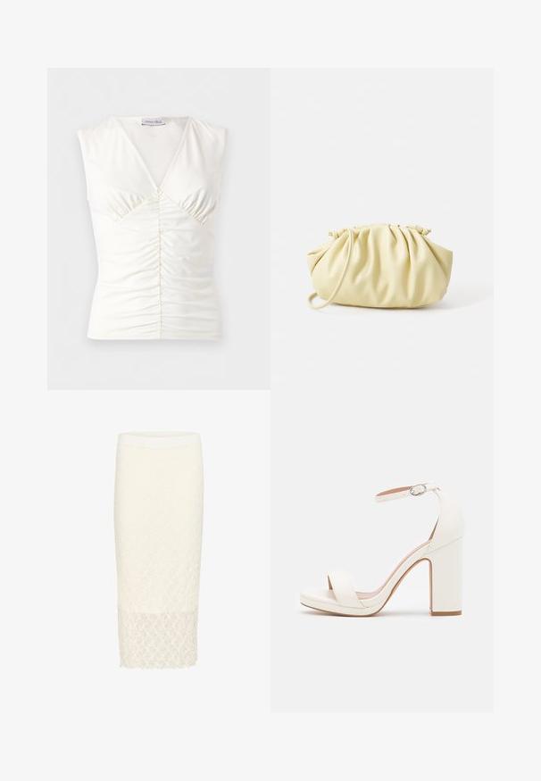 Top blanc sans manches à col en V avec devant froncé et tissu légèrement extensible, marque Anna Field.; Jupe crayon en dentelle blanche avec un motif floral texturé, dotée d'une coupe mi-genou et d'une taille unie. Fini lisse au niveau de l'ourlet.; Sandale à talon haut blanche avec une bride de cheville, design minimaliste, bout ouvert, talon carré et texture en cuir lisse.; Sac à main plissé jaune en simili cuir lisse, arborant une forme douce avec une bandoulière unique et un design froncé sur le dessus.