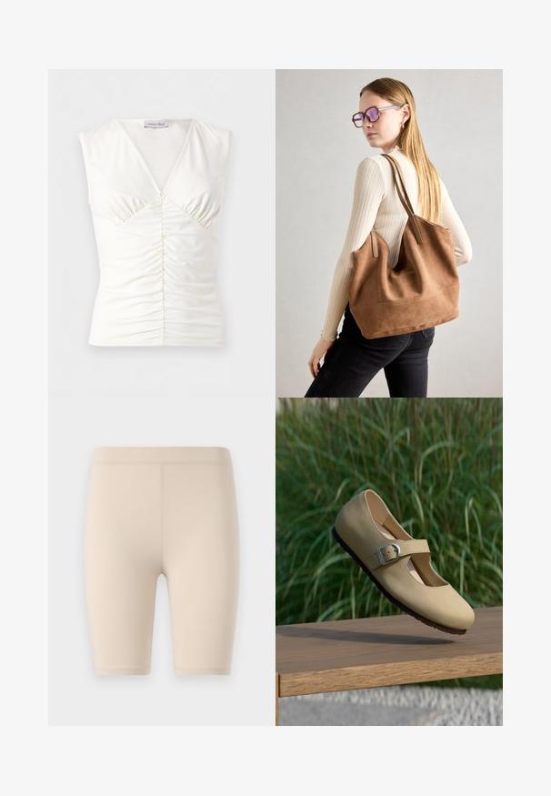 Wit mouwloos V-hals topje met geplooide voorkant en licht rekbare stof, merk Anna Field.; Beige fietsbroekjes van rekbare stof. Midden-dij lengte met een gladde tailleband. Geen zichtbare patronen of accenten.; Beige Mary Jane-schoen met zilveren gesp zwevend boven een houten bankje, groene hoge grassprietjes wazig op de achtergrond.; Bruine suède totebag met zachte textuur, grote opening en lange hengsels. Het heeft een eenvoudig ontwerp met zichtbare stiksels en geen hardware.