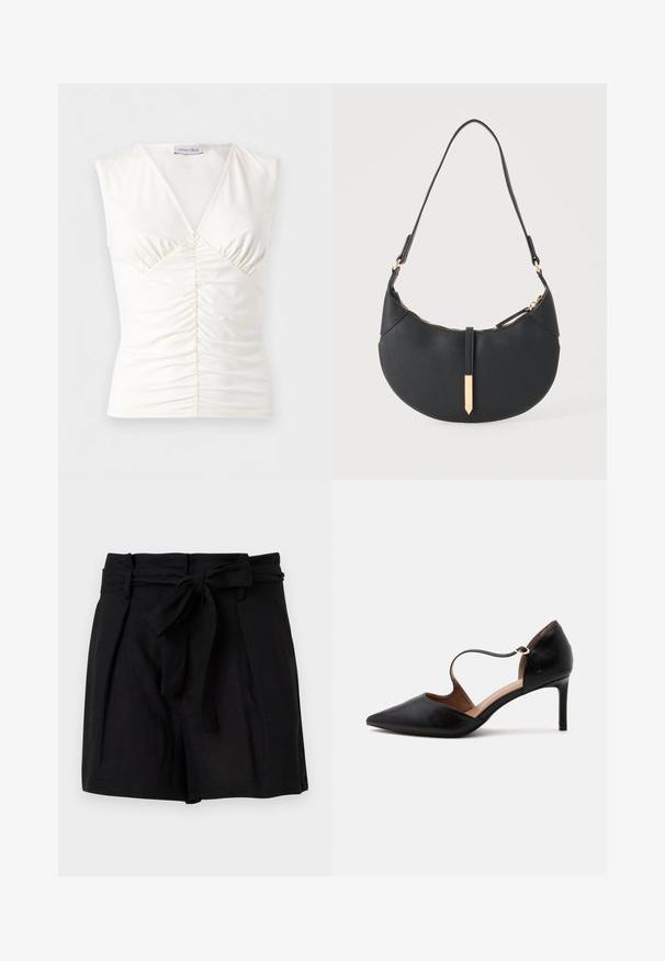 Top blanc sans manches à col en V avec devant froncé et tissu légèrement extensible, marque Anna Field.; Shorts noirs taille haute avec une ceinture en tissu nouée en un nœud à l'avant et des poches latérales, présentés sur un fond blanc.; Chaussure à talon haut en cuir noir à bout pointu avec une fine bride à la cheville et un talon stiletto de hauteur moyenne sur fond blanc.; Sac à main noir en forme de croissant avec une bandoulière unique, une fermeture éclair dorée et une languette décorative rectangulaire dorée à l'avant.