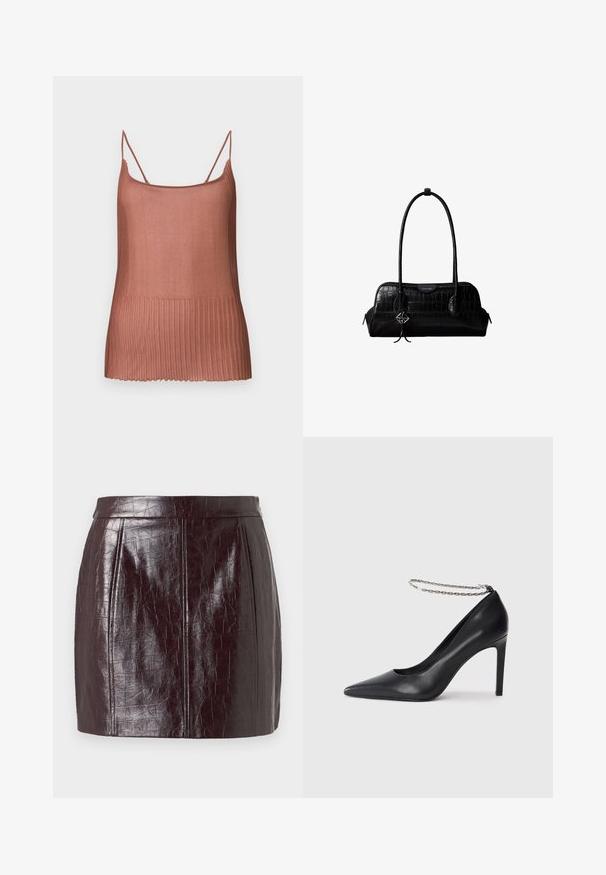 Textureret, ribbet tanktop i en varm, mellembrun farve. Tynde skulderstropper og en lige halsudskæring. Blødt, let strikket stof.; Bordeaux faux-lædernederdel med et struktureret krokodillemønster, med høj lænd og to lodrette sømme for struktur.; Sorte læder højhælede pumps med spids tå, der har en tynd sølvkæde ankelrem og en slank, glat tekstur.; Sort skuldertaske i krokodillelæder med lange stropper og lille sølvlogo-charm på den ene strop.
