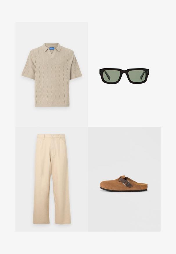 Beige poloshirt met korte mouwen van breiwerk, met een V-hals, verticale lijnpatronen en ribgebreide randen. Lichtgewicht, textiel met een gestructureerde stof.; Beige wijde broek van denim met een gestructureerde afwerking, voorzien van een sluiting met een knoop aan de voorkant en een klassieke vijf-pocket stijl.; Bruine suede klompen met een verstelbare bruine leren band en zilveren gesp, voorzien van een gevormde kurken voetbed en een gestructureerde rubberen zool.; Rechthoekige zonnebril met dikke donkere monturen, groen getinte glazen en kleine zilveren sterdetails op elke bovenhoek, weergegeven op een witte achtergrond.