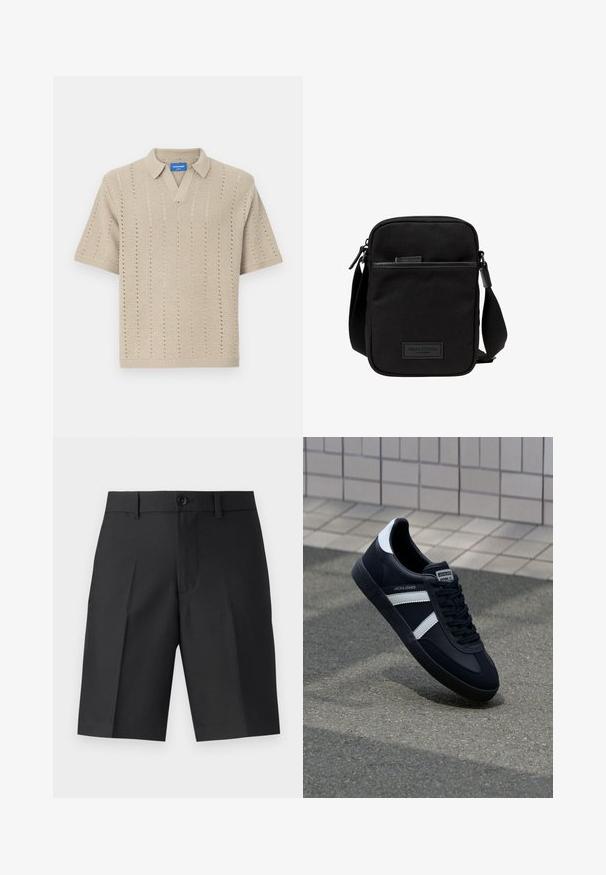 Beige poloshirt met korte mouwen van breiwerk, met een V-hals, verticale lijnpatronen en ribgebreide randen. Lichtgewicht, textiel met een gestructureerde stof.; Zwarte op maat gemaakte shorts van lichtgewicht stof, met een rechte snit, enkele plooien en een frontsluiting met knoop.; Zwarte leren sneaker met witte strepen, een gestructureerde rubberen zool en vetersluiting aan de voorkant. Voorzien van een merklabel op de tong.; Zwarte stoffen crossbody tas met een ritssluiting hoofdcompartiment, leren accenten, een voorkantvak en een verstelbare band. Marc O'Polo logo zichtbaar.