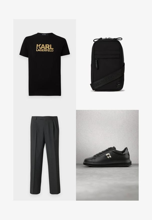 Schwarzes Baumwoll-T-Shirt mit goldener "KARL LAGERFELD" Schrift auf der Vorderseite. Kurze Ärmel und ein klassisches Rundhalsdesign.; Schwarze Hose aus glattem Stoff mit geradem Bein, plisseeartiger Vorderseite und Standardbund mit Gürtelschlaufen.; Person trägt schwarze Lederhosen und schwarze Sneakers mit einem kleinen Comic-Charakter-Anhänger an der Seite, steht auf einem Holzboden.; Schwarze Umhängetasche aus Nylon mit strukturiertem Design. Verfügt über eine Reißverschluss-Vordertasche und ein Logodetail. Verstellbarer Stoffriemen.