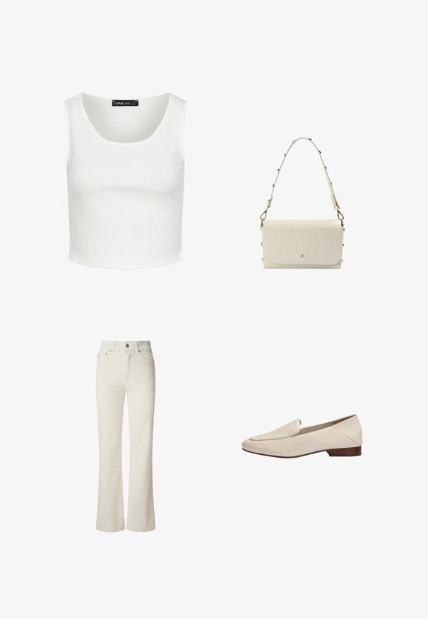 Hvid ribbet cropped tanktop med brede skulderstropper og rund halsudskæring, mærket Cloud Five størrelse small.; Hvide flagrende jeans lavet af denim. Har en høj talje, fem lommer og metallisk knaplukning. Glat tekstur uden synlige mønstre.; Beige læderloafer med lavt træhæl og afrundet firkantet tå, sidevisning mod hvid baggrund.; Rektangulær håndtaske i cremefarvet læder med en skulderrem dekoreret med nitter og en lille gylden kranieemblem på frontklappen.
