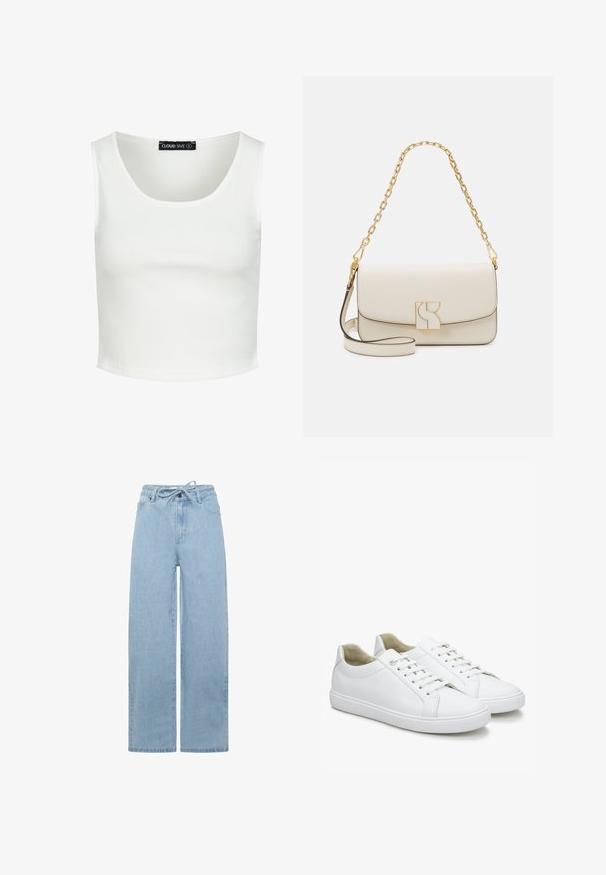 Witte geribbelde cropped tanktop met brede schouderbandjes en ronde halslijn, gelabeld Cloud Five maat small.; Lichtblauwe wijdvallende jeans gemaakt van denim, met een drawstring taille en een standaard vijfzakken ontwerp. De stof heeft een soepel textuur.; Witte leren sneakers met een gladde textuur, ronde neuzen en platte rubberen zolen. Voorzien van veters en een minimalistisch ontwerp zonder patronen.; Crème leren handtas met een gouden kettingriem, voorzien van een geometrische sluiting en contrasterende donkere bies langs de randen.