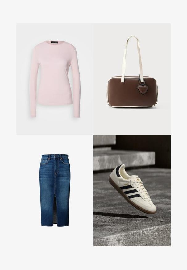 Langärmliges Hemd aus weichem, hellrosa Stoff mit Rundhalsausschnitt und tailliertem Schnitt. Glatte Textur ohne sichtbare Muster oder Akzente.; Dunkelblauer Jeans-Midirock mit vorderem Schlitz, Knopfverschluss, Gürtelschlaufen und Fronttaschen.; Weißer Adidas Samba Sneaker mit schwarzen Streifen und Gummisohle, schwebend über strukturierten grauen Betontreppen.; Braune Handtasche aus Kunstleder mit weißem Rand, rechteckiger Form, kurzen Griffen und dekorativem, herzförmigem Anhänger.