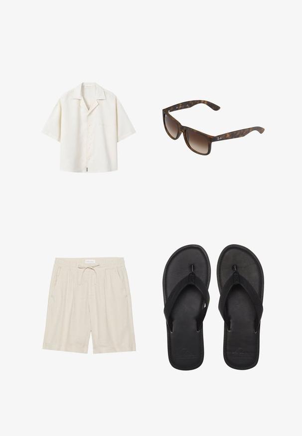 Camisa de manga corta de color crema con botones, cuello tipo camp y texto bordado sutil en el pecho izquierdo.; Shorts de lino beige con cintura elástica, cordón ajustable y bolsillos laterales. Ajuste holgado con pierna recta y dobladillo vuelto.; Chanclas negras hechas de material suave, con una tira estilo thong, planta texturizada y logo en relieve en la suela.; Gafas de sol de carey con lentes marrones degradados, forma rectangular, montura gruesa y un acento de logo plateado en el lateral.