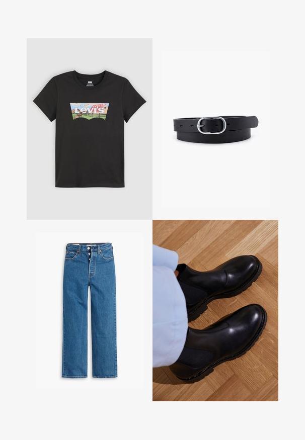 Čierne tričko s logom Levi's s malebným dizajnom koňa, zelených polí, plotu a modrej oblohy s vtákmi.; Modré denimové rovné nohavice s vysokým pásom, dizajnom s piatimi vreckami a gombíkovým zapínaním. Výrazné švy a hnedé nitové nitovanie.; Čierne členkové topánky vyrobené z hladkej kože s elastickými bočnými panelmi, textúrovanou gumovou podrážkou a kontrastným prešívaním po okraji.; Čierny kožený opasok s hladkým povrchom, oválnou striebornou kovovou prackou a viacerými nastavovacími otvormi pozdĺž pásu. Plochý, minimalistický dizajn.