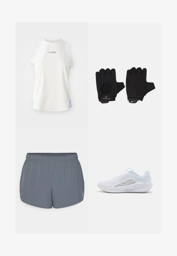 Hvid ærmeløs Nike-top med rund halsudskæring, der har et sølvlogo og lyseblå detaljer i siderne. Glat, atletisk stofstruktur.; Grå athletic shorts med en blød tekstur, elastisk talje og en let buet kant. Har små perforeringer for åndbarhed.; Hvid træningssko med mesh-overdel, rund tå og tekstureret sål. Har et sølvfarvet Nike-swoosh og et minimalistisk design.; Sorte fingerløse handsker med et tekstureret design. Lavet af et åndbart materiale, med en tommelfingeråbning og forstærket håndflade for bedre greb.