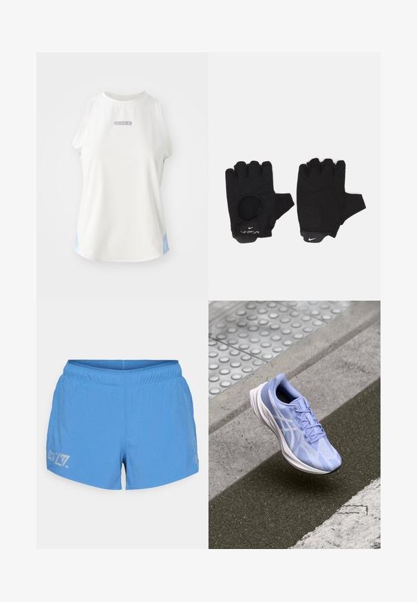 Witte mouwloze Nike-top met een ronde halslijn, voorzien van een zilveren logo en lichtblauwe accenten aan de zijkanten. Glad, atletisch stoftextuur.; Lichtblauwe hardloopshorts met een geperforeerde textuur, elastische tailleband en bedrukte logo en details op de linker dij.; Lichtblauwe hardloopschoen met een bovenwerk van mesh, textuurpatronen en witte accenten. Beschikt over een gevoerde zool en veters voor een veilige pasvorm.; Zwarte vingerloze handschoenen met een gestructureerd ontwerp. Gemaakt van een ademend materiaal, met een duimopening en versterkte palm voor grip.