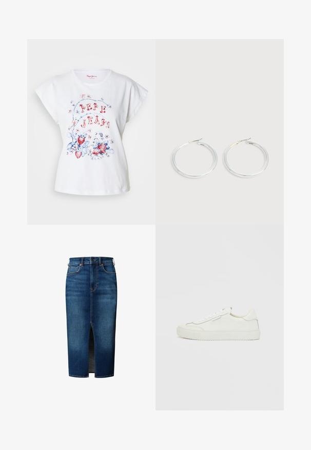 Camiseta blanca de algodón con mangas cortas, con gráficos florales y de fresas en rojo y azul, y el texto "PEPE JEANS" en una fuente decorativa.; Falda midi de mezclilla azul oscuro con abertura frontal, cierre de botones, trabillas para cinturón y bolsillos delanteros.; Zapatilla deportiva blanca de corte bajo con bordes festoneados, cierre de cordones y suela plana de goma sobre un fondo blanco liso.; Pareja de pendientes de aro plateados brillantes con cierres de alambre delgado, mostrados sobre un fondo gris claro.