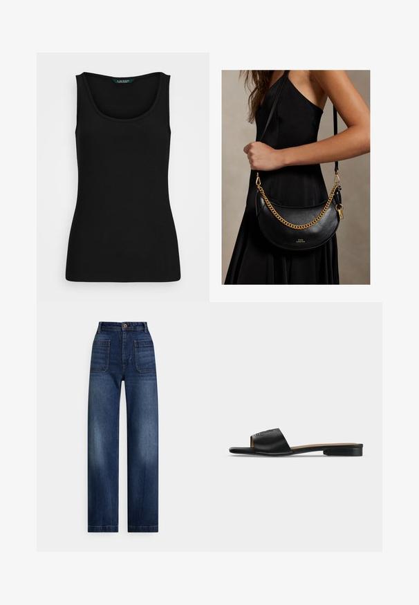 Zwart geribbeld tanktop met een ronde halslijn, aansluitende vorm en naadloze randen. Stof is zacht en rekbaar. Etiket zegt "LAUREN."; Donkerblauwe recht gesneden spijkerbroek met hoge taille, voorste opgestikte zakken, broekriemlussen en een knoopsluiting.; Zwarte platte slides met een brede leren band met een subtiel reliëflogo en een lage hak.; Vrouw in een zwarte jurk die een zwarte leren handtas in halvemaanvorm met een gouden ketting en band over haar schouder draagt.