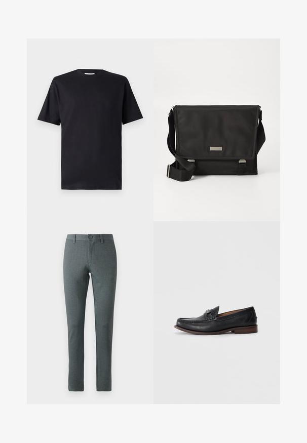 T-shirt noir à manches courtes en coton, avec un col rond et une coupe classique, sans motifs ni logos visibles.; Pantalons gris ajustés en tissu texturé, coupe droite, fermeture à bouton, passants de ceinture et design slim.; Mocassins en cuir noir avec un bout arrondi, des détails décoratifs à l'avant et une semelle en cuir brun contrastante. Texture lisse et design à enfiler.; Sac messager noir en nylon avec une finition mate. Il dispose d'une fermeture à rabat, d'une sangle réglable et d'une petite plaque en métal avec logo.