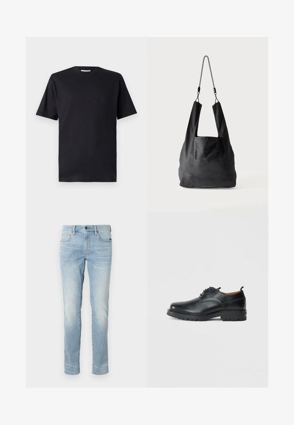 Mustmust riietega must T-särk, lühikeste varrukatega, valmistatud puuvillast, klassikalise lõikega, ümarate kraega, ilma mustrite või nähtava brändita.; Heledad hallid slim-fit teksad, millel on ees nupp, tõmblukk ja viie tasku kujundus, näidatud ühtlase valge tausta ees.; Mustad nahast derby kingad, millel on sile tekstuur, ümar varvas, nööpidega sulgemine ja paks, tugev kummist tald.; Mustast pehmest kangast käekott laia käepidemega ja õhuke must-valge palmikuga õlarihmaga.