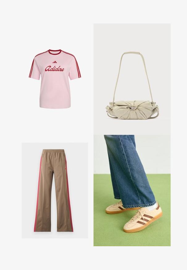 Lichtroze Adidas T-shirt met een rode kraag, drie rode strepen op de mouwen en een rood Adidas-logo en tekst aan de voorkant.; Bruine trainingsbroek met wijde pijpen, elastische tailleband en felroze zijstrepen, met ritssluitingen aan de zijzakken en een klein logo aan de linkerkant.; Beige sneakers met gestructureerde crèmekleurige panelen en bruine strepen, gecombineerd met blauwe denim jeans. De jeans hebben een brede pijp en een rafelige zoom.; Beige leren schoudertas met geplooid ontwerp en zilveren gespsdetail, voorzien van een lange riem en een gevoerd handvatgedeelte.