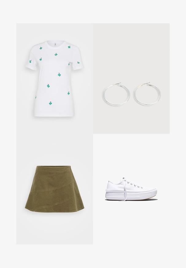 T-shirt en coton blanc présentant de nombreuses broderies de cactus verts avec des fleurs roses. Manches courtes et col rond.; Jupe en velours côtelé vert olive, forme évasée, tissu texturé, avec une taille lisse et des détails de couture.; Baskets basses blanches en toile avec semelle plateforme épaisse, lacets sur le devant et embout en caoutchouc texturé, vues de profil.; Paire de boucles d'oreilles créoles argentées brillantes avec fermoirs en fil fin, présentée sur un fond gris clair.