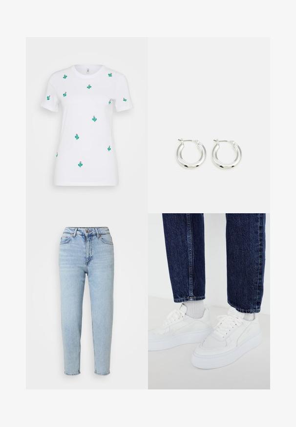 T-shirt en coton blanc présentant de nombreuses broderies de cactus verts avec des fleurs roses. Manches courtes et col rond.; Jean en denim bleu clair avec une taille haute, coupe droite, fermeture à bouton unique et détails de décoloration subtile à l'avant.; Baskets blanches avec un design texturé et des semelles épaisses, associées à des chaussettes côtelées gris clair et un jean en denim bleu foncé.; Boucles d'oreilles en argent avec une finition polie, présentant une forme circulaire et une fermeture à charnière. Texture lisse avec un minimum de détails.