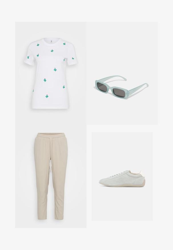 Hvid bomulds T-shirt med mange grønne kaktusbroderier og lyserøde blomster. Korte ærmer og rund halsudskæring.; Vero Moda Petite VMJESMILO ANKLE PANTS - Bukser - silver lining; Lysegrå ruskindssneaker med lavprofil-design, snørelukning og blød beige gummisål. Diskrete syningsdetaljer tilfører tekstur.; Et par rektangulære solbriller med lyseblå gennemsigtige stel og mørkegrå linser, der har lige templer og minimale hardware detaljer.