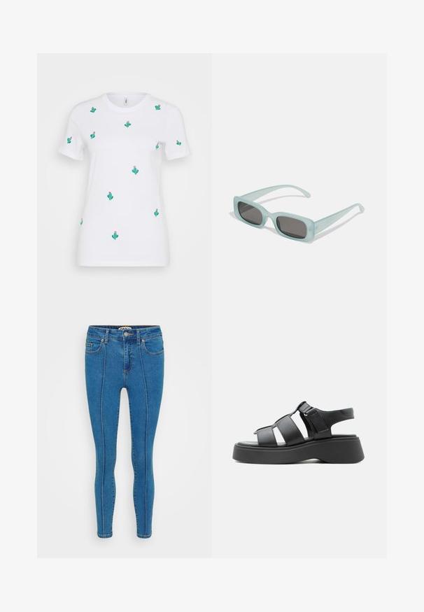 Hvid bomulds T-shirt med mange grønne kaktusbroderier og lyserøde blomster. Korte ærmer og rund halsudskæring.; Blå denim skinny jeans har et højt liv, forlommer og kontrasterende syninger langs sømmene. Overfladen er glat.; Sort platformsandal med tre brede remme, justerbar ankelrem og tyk sål, vist i sideprofil på hvid baggrund.; Et par rektangulære solbriller med lyseblå gennemsigtige stel og mørkegrå linser, der har lige templer og minimale hardware detaljer.