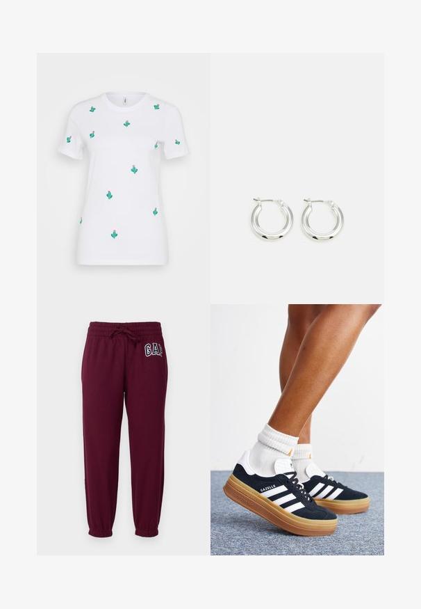 T-shirt en coton blanc présentant de nombreuses broderies de cactus verts avec des fleurs roses. Manches courtes et col rond.; GAP Petite HERITAGE - Pantalon de survêtement - ruby wine; Jambes portant des chaussettes blanches et des baskets Adidas Gazelle noires avec des bandes blanches et des semelles épaisses marron sur un sol recouvert de moquette grise.; Boucles d'oreilles en argent avec une finition polie, présentant une forme circulaire et une fermeture à charnière. Texture lisse avec un minimum de détails.