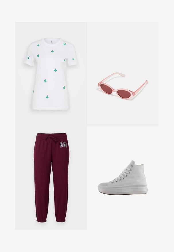 T-shirt en coton blanc présentant de nombreuses broderies de cactus verts avec des fleurs roses. Manches courtes et col rond.; GAP Petite HERITAGE - Pantalon de survêtement - ruby wine; Baskets montantes en toile blanche avec lacets blancs, œillets métalliques, semelle épaisse en caoutchouc et bout texturé, orientées vers la gauche sur fond blanc.; Lunettes de soleil transparentes roses avec des verres ovales, teintés d'un rouge foncé, et des branches fines, présentant une finition lisse et des détails subtils sur la monture.