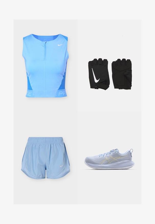 Lyseblå ærmeløs atletisk crop top med frontlynlås, perforerede sidepaneler og hvid Nike swoosh-logo på højre bryst.; Lyseblå atletikshorts med elastisk talje, buede sidelommer og hvid Nike swoosh-logo på fronten af højre ben.; Lyseblå atletiksko med en struktureret overdel, hvid sål og guld accentstriber. Funktionen inkluderer snørebånd og en bagbom.; Sorte fingerløse træningshandsker lavet af åndbart stof, med et hvidt Nike-logo, polstrede håndflader og et åbent håndledsdesign for fleksibilitet.