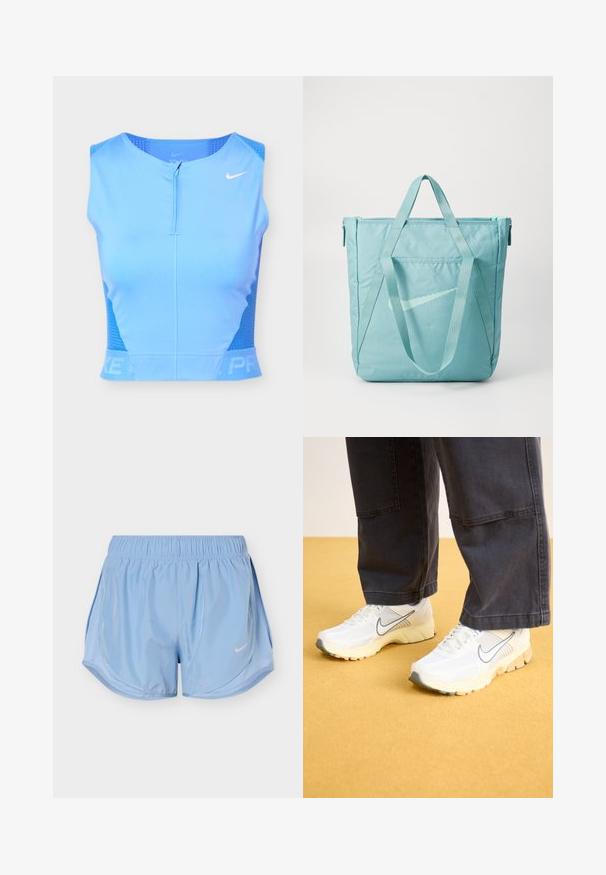 Top deportivo corto sin mangas de color azul claro con cremallera frontal, paneles laterales perforados y logo blanco de Nike en forma de swoosh en el pecho derecho.; Pantalones cortos deportivos azul claro con cintura elástica, paneles laterales curvados y el logo blanco de Nike swoosh en la parte delantera de la pierna derecha.; Zapatillas deportivas blancas con materiales de malla y sintéticos, con un logo gris, suela texturizada y acentos beige, combinadas con pantalones oscuros.; Bolso tote en un tono azul claro con cierre de cremallera, asas dobles, un bolsillo frontal y un sutil logo de Nike impreso en un diseño contrastante.