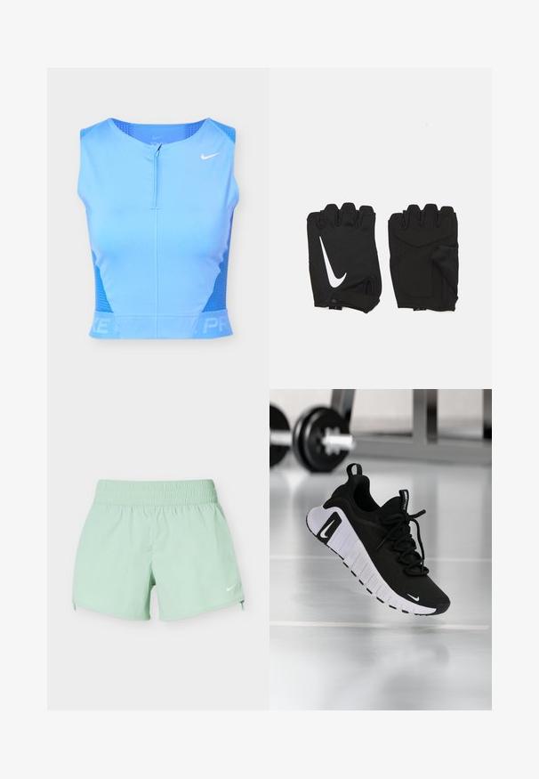 Ανοιχτό μπλε αμάνικο αθλητικό crop top με φερμουάρ μπροστά, διάτρητες πλαϊνές πάνελ και λευκό λογότυπο Nike Swoosh στο δεξί στήθος.; Ανοιχτοπράσινα αθλητικά σορτς με ελαστική μέση και μικρό λευκό σήμα Nike στο κάτω δεξί πόδι σε λευκό φόντο.; Μαύρο αθλητικό παπούτσι με υφαντό υλικό στο επάνω μέρος, λευκή σόλα και εντυπωσιακό σύστημα κορδονιών. Διαθέτει λογότυπο Nike και μαλακό, άνετο σχεδιασμό.; Μαύρα γάντια γυμναστικής χωρίς δάχτυλα κατασκευασμένα από αναπνεύσιμο ύφασμα, με λευκό λογότυπο Nike, μαξιλαρωμένα παλάμες και ανοιχτό σχέδιο καρπού για ευελιξία.