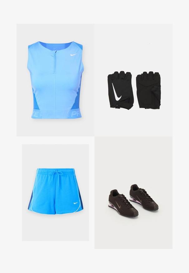 Ανοιχτό μπλε αμάνικο αθλητικό crop top με φερμουάρ μπροστά, διάτρητες πλαϊνές πάνελ και λευκό λογότυπο Nike Swoosh στο δεξί στήθος.; Μπλε αθλητικές κοντές βερμούδες με λευκή ρίγα κατά μήκος των άκρων, μπλε ναυτικό πλαϊνά πάνελ, ελαστική μέση, κορδόνι και μικρό λευκό λογότυπο Nike μπροστά.; Μαύρα αθλητικά παπούτσια με υφή στο πάνω μέρος, καφέ λεπτομέρειες και μωβ σόλα με αερόστρωση. Σχέδιο με κορδόνια και έντονη σήμανση.; Μαύρα γάντια γυμναστικής χωρίς δάχτυλα κατασκευασμένα από αναπνεύσιμο ύφασμα, με λευκό λογότυπο Nike, μαξιλαρωμένα παλάμες και ανοιχτό σχέδιο καρπού για ευελιξία.