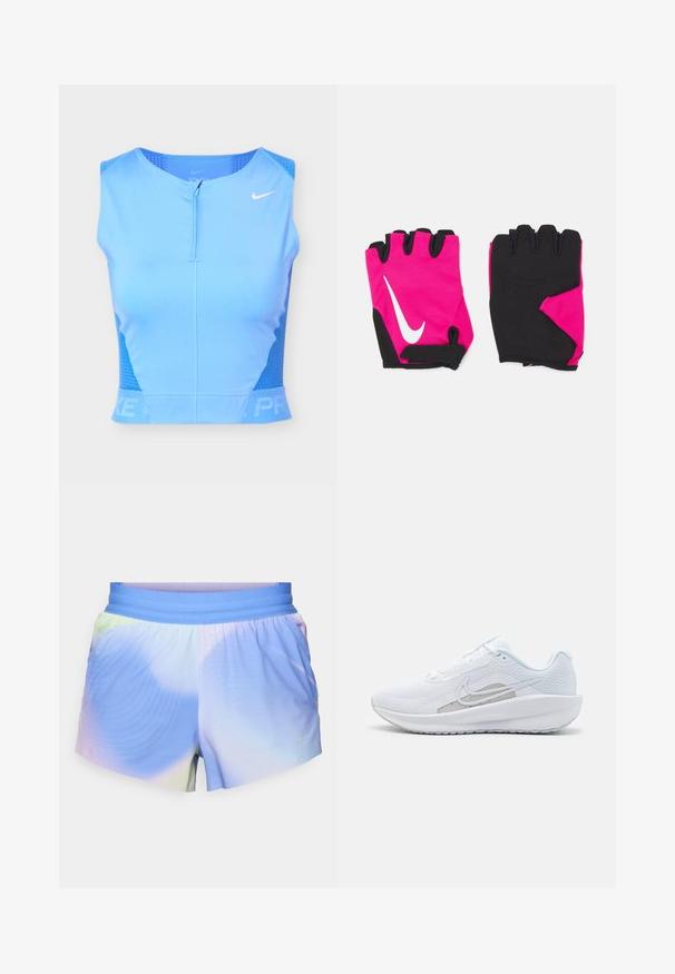 Lyseblå ærmeløs atletisk crop top med frontlynlås, perforerede sidepaneler og hvid Nike swoosh-logo på højre bryst.; Letvægts atletiske shorts i en gradient af blå og pastelfarver. Har en elastisk talje og teksturerede mønsterdetaljer.; Hvid træningssko med mesh-overdel, rund tå og tekstureret sål. Har et sølvfarvet Nike-swoosh og et minimalistisk design.; Korte lyserøde handsker med sorte accenter, der har et hvidt Nike-logo, polstrede håndflader og fingerløst design for bedre greb og fleksibilitet.