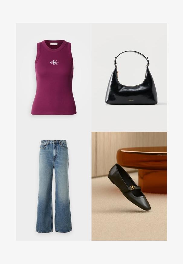 Geripptes, ärmelloses Tanktop in Dunkellila mit Rundhalsausschnitt und weißem "Calvin Klein"-Logo auf der Brust. Weicher Stoff mit figurbetontem Schnitt.; Helle Jeans aus Denim mit hoher Taille, weitem Bein, leichter Ausbleichung und Kontrastnähten; verfügt über Fronttaschen und einen Knopfverschluss.; Schwarzer flacher Lederschuh mit spitzer Kappe und goldenem CK-Logo auf dem Riemen, auf beigem Teppich neben einem runden bernsteinbraunen Tisch platziert.; Schwarze, glänzende Calvin Klein Handtasche mit goldfarbenem Reißverschluss und kurzem Trageriemen vor schlichtem weißem Hintergrund.