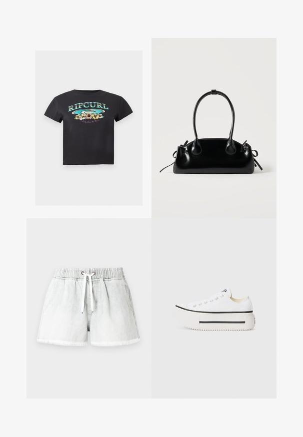 Μαύρο cropped t-shirt με γραφικά κύματος σε τυρκουάζ και λευκό, κίτρινα και ροζ λουλούδια ιβίσκου, κείμενο "RIPCURL" και το σύνθημα "Dusty Wave Not Basic".; Ανοιχτό γκρι denim σορτς με ελαστική μέση, κορδόνι για δέσιμο και φθαρμένο τελείωμα. Διαθέτει δύο πλαϊνές τσέπες και άνετη εφαρμογή.; Λευκά αθλητικά παπούτσια με καμβά και μαύρη καουτσούκ σόλα, στρογγυλή μύτη και μεταλλικές τρυπούλες, με έναν απλό, καθαρό σχεδιασμό.; Μικρή μαύρη γυαλιστερή τσάντα με δύο μακριές λαβές και λεπτομέρειες με ρυθμιζόμενο κορδόνι στο πλάι σε απλό ανοιχτό φόντο.