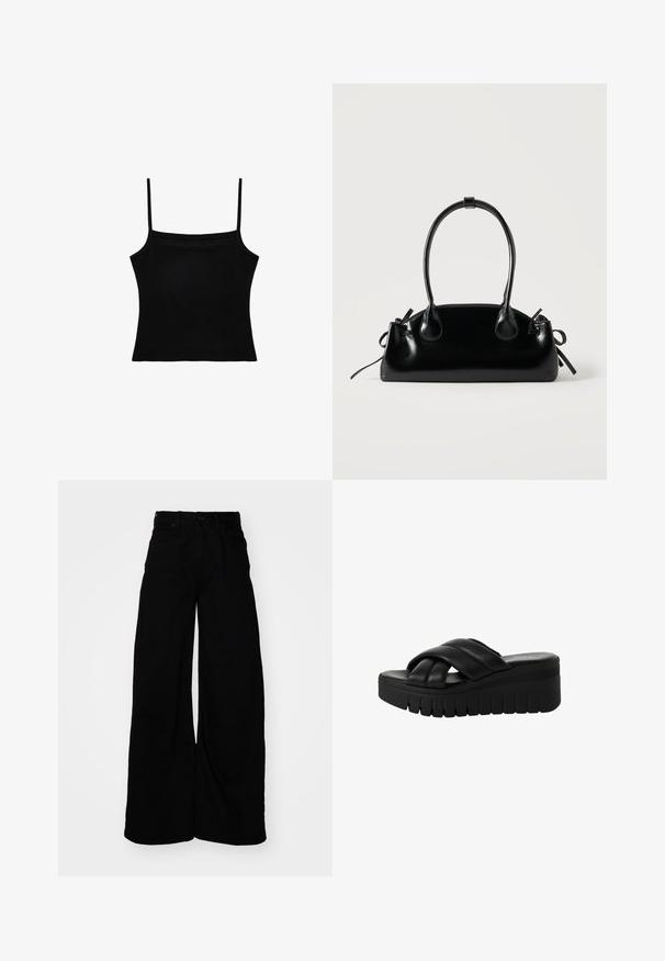 Top corto negro con tirantes finos de espagueti y escote recto, mostrado sobre un fondo blanco.; Pantalones de denim negros de pierna ancha con una cintura alta, que cuentan con pasadores para cinturón, cinco bolsillos y un acabado limpio y texturizado.; Sandalias de plataforma negras con tiras cruzadas de cuero suave, que cuentan con una suela gruesa y texturizada y una punta ligeramente redonda.; Pequeño bolso negro brillante con dos asas largas y detalles de cordón lateral sobre un fondo claro liso.