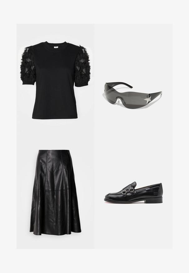 Camiseta negra de manga corta hecha de tela de tul negro con volantes, cuello redondo y silueta ajustada.; Falda de cuero negro con una silueta acampanada, que presenta costuras visibles y una textura suave. Diseño de longitud media con un corte clásico.; Mocasín de charol negro con acentos de doble hebilla plateada, punta ligeramente redondeada y tacón bajo apilado. Detalle de costura texturizada a lo largo de la parte superior.; Gafas de sol negras con diseño envolvente, lentes oscuros, acentos brillantes en forma de estrella y almohadillas nasales ajustables.