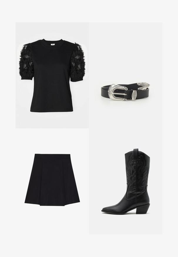 T-shirt noir à manches courtes en tissu de tulle noir froncé, col rond et silhouette ajustée.; Jupe patineuse noire en tissu doux, avec une taille ajustée, des plis à l'avant et un ourlet évasé arrivant au genou.; Bottes de cowboy en cuir noir avec un bout pointu, des motifs en relief en spirale et un talon de hauteur moyenne. Équipées d'une languette pour un enfilage facile.; Ceinture en cuir noir avec une grande boucle en métal argenté dotée de détails complexes et d'accents décoratifs à chaque extrémité.