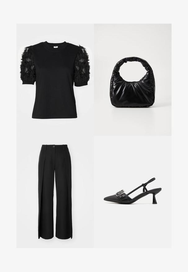 Camiseta negra de manga corta hecha de tela de tul negro con volantes, cuello redondo y silueta ajustada.; Pantalones de pierna ancha negros, hechos de tela suave, que cuentan con pliegues frontales, un cierre de un botón y lazos para cinturón.; Simmi London DALA - Tacones - black; Bolso negro acolchado con un asa redondeada, que presenta una superficie lisa y brillante y una textura suave y acolchada. Sin herrajes ni acentos visibles.