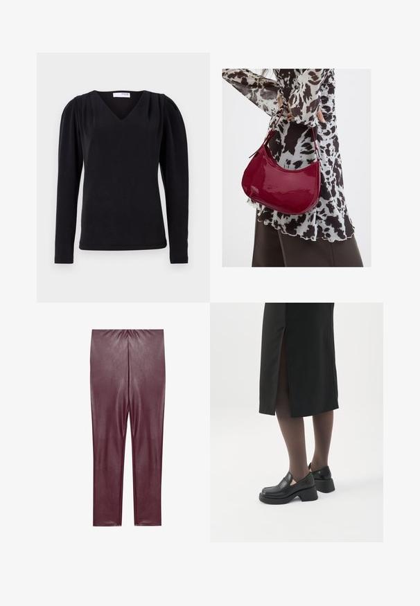 Sort langærmet top med V-hals, med detaljer ved skulderen som er samlet, og en slank pasform. Lavet af et blødt, tekstureret stof.; Bordeaux faux læder leggings med en glat tekstur, høj talje og tætsiddende design, der strækker sig til anklerne uden yderligere detaljer.; Kvinde iført sorte loafers med chunky hæl, sorte tynde strømpebukser og en sort nederdel med slids bagpå på hvid baggrund.; Kvinde iført en sort- og hvidmønstret bluse, der holder en blank rød skuldertaske mod en ensfarvet baggrund.