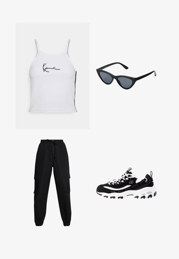 Biely bezrukávový crop top vyrobený z bavlny, s čiernym vyšívaným textom. Bočný panel ukazuje vzorovanú textíliu, pridávajúcu textúru.; Čierne cargo nohavice vyrobené z ľahkej tkaniny, s elastickým páse, šnúrkou a bočnými vreckami. Ohnuté členky dopĺňajú dizajn.; Čierno-bielo športová obuv so semišovým zvrškom, polstrovaným golierom a ľahkou podrážkou. Obsahuje výrazné logo a kontrastné švy.; Čierne slnečné okuliare v štýle mačacích očí s tmavošedými sklami, elegantným plastovým rámom, špicatými rohmi a rovnými stranami. Bez viditeľného hardvéru alebo akcentov.