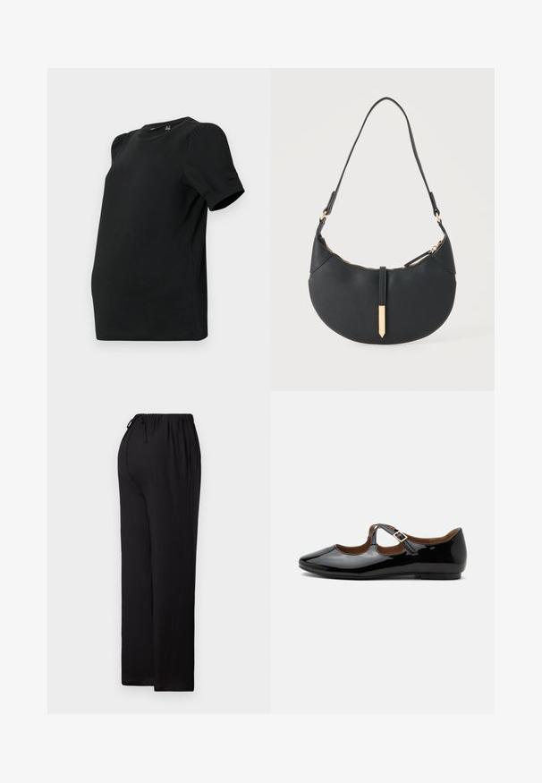 Vero Moda Maternity VMMKERRY O NECK - T-Shirt basic - black; Schwarze, lässige Hose aus leichtem Material. Sie hat einen elastischen Bund mit Kordelzug, ein gerades Bein und einen flachen Saum.; Schwarzer Mary Jane flacher Schuh aus Lackleder mit zwei Ausstanzungen und einem goldfarbenen Schnallenriemen auf weißem Hintergrund.; Schwarze halbmondförmige Handtasche mit einem einzelnen Träger, goldenem Reißverschluss und einer goldenen rechteckigen dekorativen Lasche vorne.