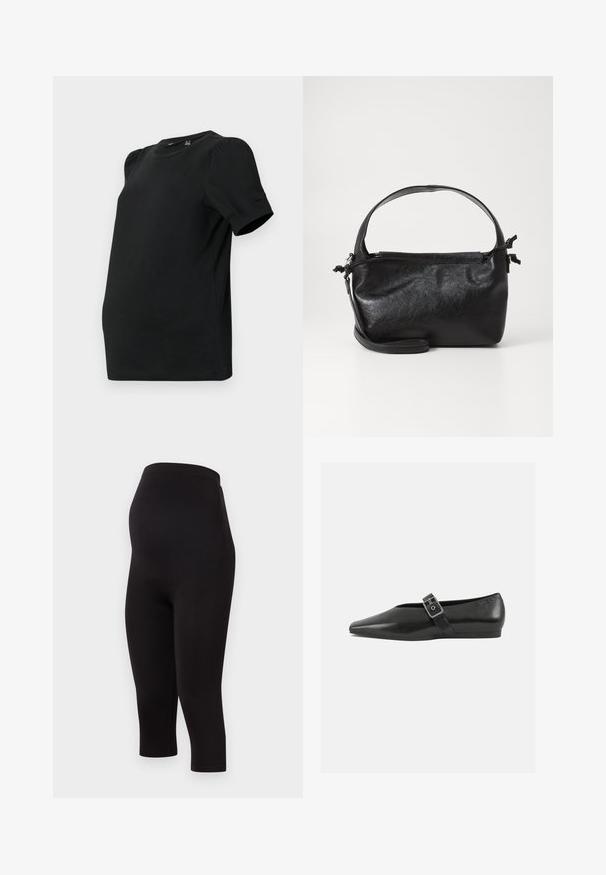 Vero Moda Maternity VMMKERRY O NECK - Βασικό μπλουζάκι - black; Μαύρες, εφαρμοστές κολάν εγκυμοσύνης με ψηλή μέση, κατασκευασμένες από ένα ελαστικό, λείο ύφασμα. Σχεδίαση ολόκληρου μήκους, χωρίς ραφές και χωρίς διακοσμητικά στοιχεία.; Μαύρο δερμάτινο παπούτσι φλατ με μυτερή μύτη, διαθέτοντας μια μεταλλική πόρπη που διασχίζει το κέντρο του ποδιού και μια χαμηλή, ευέλικτη σόλα.; Μαύρη δερμάτινη τσάντα με δομικό σχέδιο, στρογγυλή λαβή από πάνω και αποσπώμενο λουρί ώμου. Διαθέτει λεία υφή και διακριτική γυαλάδα.