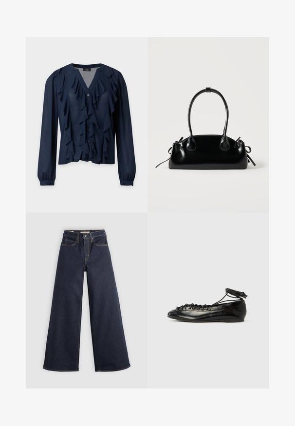 Mørkeblå bluse med lange ærmer, knaplukning foran og lagdelte flæsedetaljer langs udskæringen og fronten.; Bredde ben denim jeans i mørkeblå med kontrastsyninger. Har det traditionelle fem-lomme design og en knaplukning ved taljen.; Sorte balletflade sko i laklæder med rundet tå, snørelukning og flad sål. Glat tekstur med få detaljer.; Lille sort blank håndtaske med to lange håndtag og snøre-detaljer i siden på en ensfarvet lys baggrund.