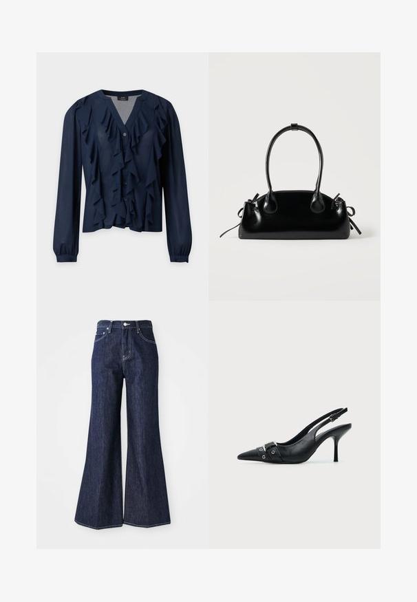 Marineblauwe blouse met lange mouwen, knoopsluiting aan de voorkant en gelaagde ruches langs de halslijn en voorkant.; Donker denim flared jeans met een hoge taille, voorzien van een knoop- en ritssluiting. Witte stiksels en brede pijpen creëren een gestructureerd silhouet.; Zwarte leren pumps met hoge hak en slingback, met een puntige neus en een gesp- en oogjesriem detail aan de voorkant.; Kleine zwarte glanzende handtas met twee lange hengsels en zijkant trekkoord details op een effen lichte achtergrond.