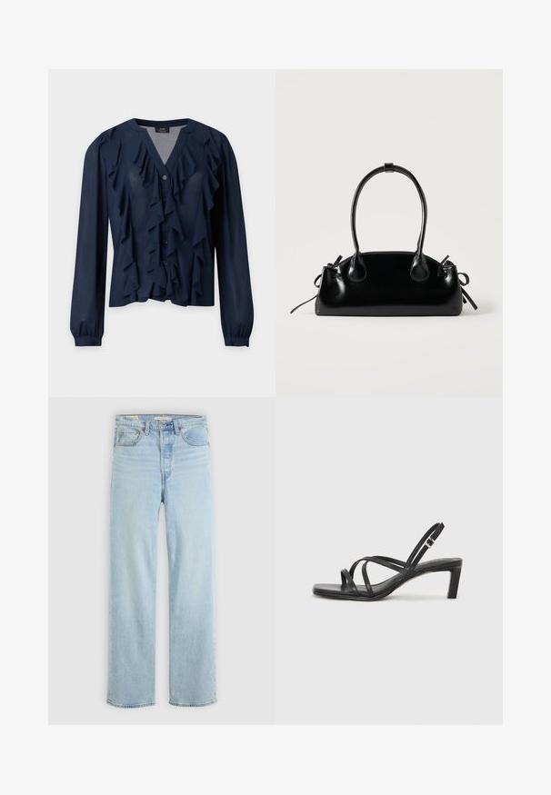 Marineblauwe blouse met lange mouwen, knoopsluiting aan de voorkant en gelaagde ruches langs de halslijn en voorkant.; Lichtblauwe denim jeans met een recht model, voorzien van vijf zakken, een klassieke ritsopening en zichtbare stikselaccenten.; Zwarte sandaal met bandjes, vierkante teen en een lage blokhak. Voorzien van meerdere dunne bandjes en een verstelbare enkelband. Gemaakt van zacht leer.; Kleine zwarte glanzende handtas met twee lange hengsels en zijkant trekkoord details op een effen lichte achtergrond.