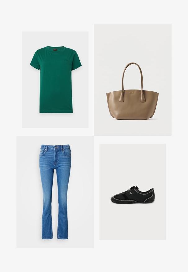Groen T-shirt met korte mouwen en ronde hals, met klein geperst "BOSS"-logo op de linkerborst en een zwart label in de kraag.; Blauwe spijkerbroeken met een flared model en een middelhoge taille, met een klassiek vijf-pocketdesign en een subtiele vervaging bij de knieën.; Zwarte lage sneaker met witte zigzagstiksels en "HUGO" logo aan de zijkant, met vetersluiting en slank silhouet.; Bruine leren tote bag met een gladde textuur, twee stevige handvatten en een gouden logo aan de voorkant. Brede, gestructureerde vorm met een open bovenkant.